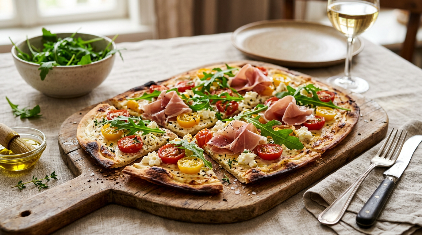 Flammkuchen mit Tomaten, Ziegenkäse und Rucola