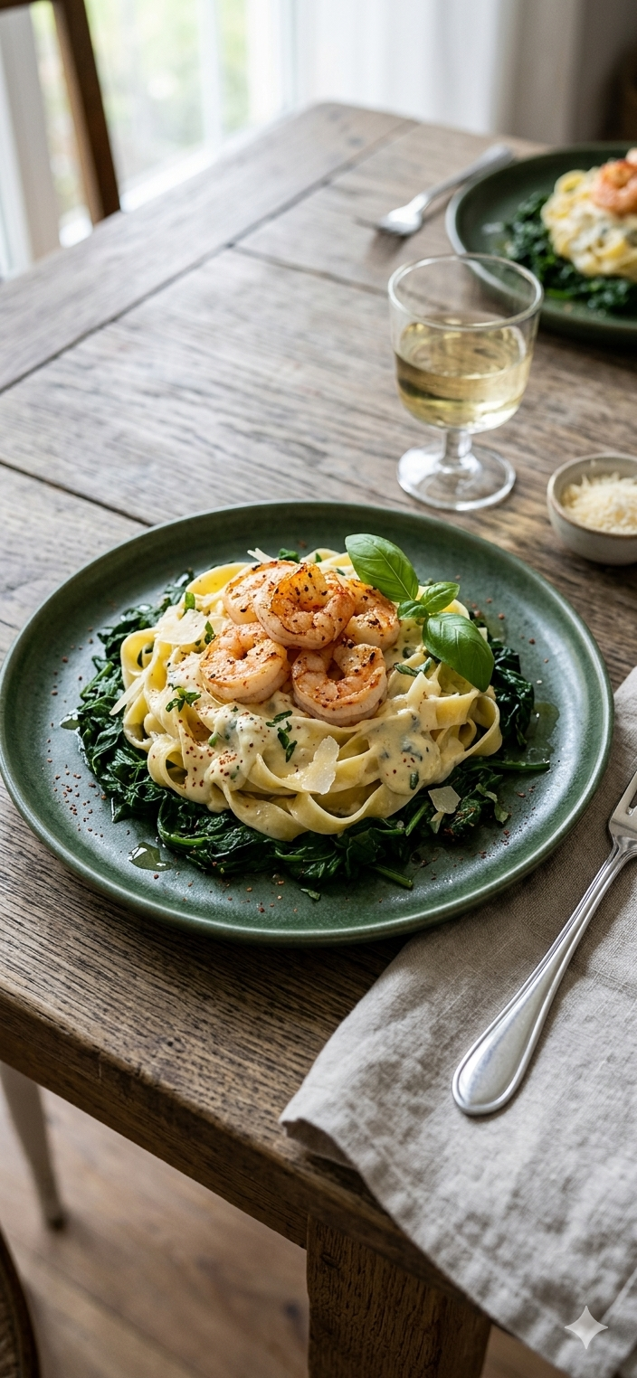 Nudeln mit Mascarpone-Gorgonzola-Soße auf Blattspinat mit Garnelen.