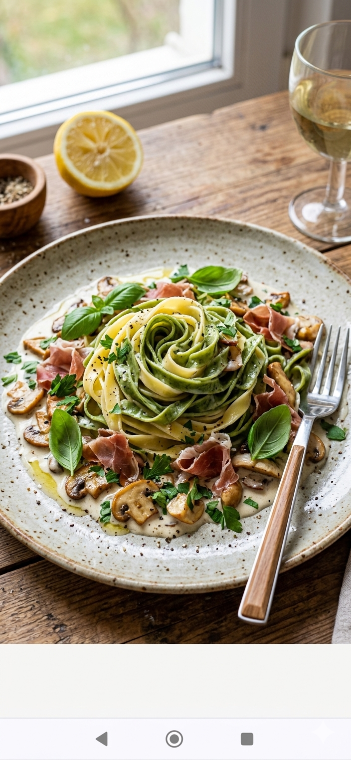 Pasta grün/weiß mit Pilzsauce.