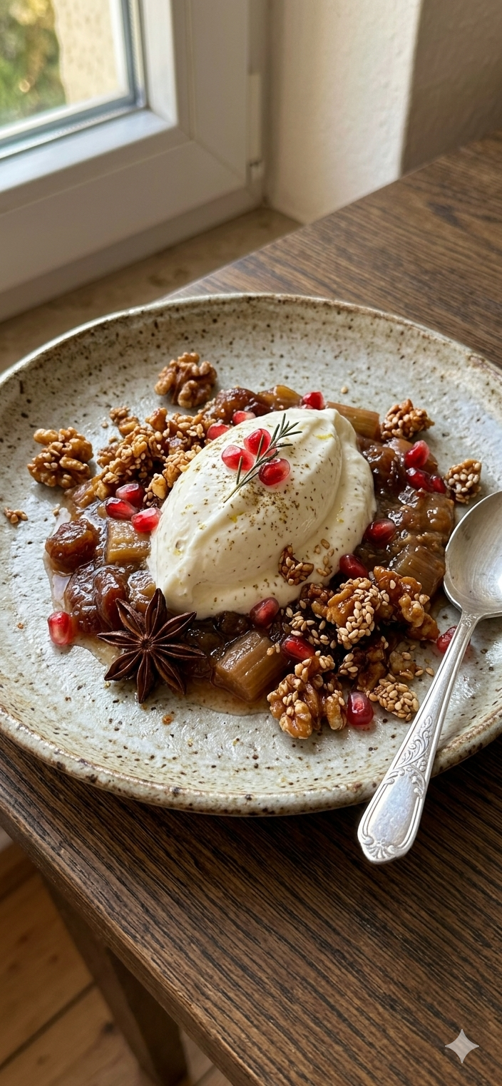 Joghurt-Dessert mit Rhabarber-Dattel-Kompott und Krokant