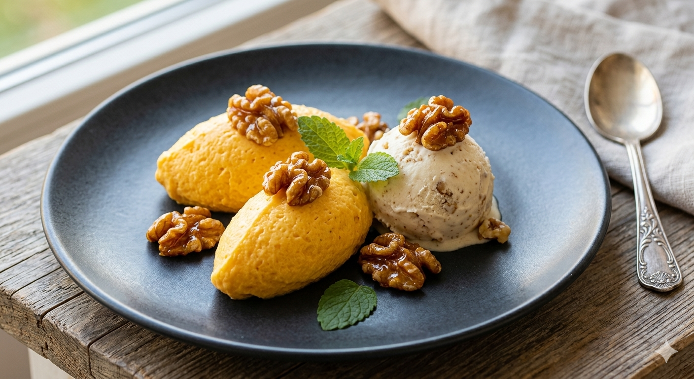 Mango-Mousse mit Walnusseis und karamellisierten Walnüssen