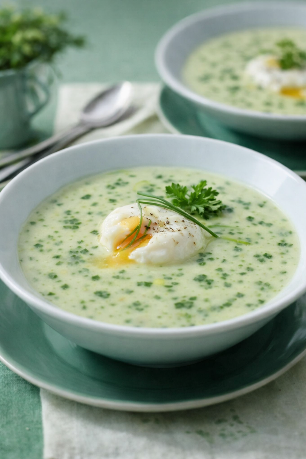 Kräutersuppe mit pochiertem Ei und Kräuter-Schinken Röllchen