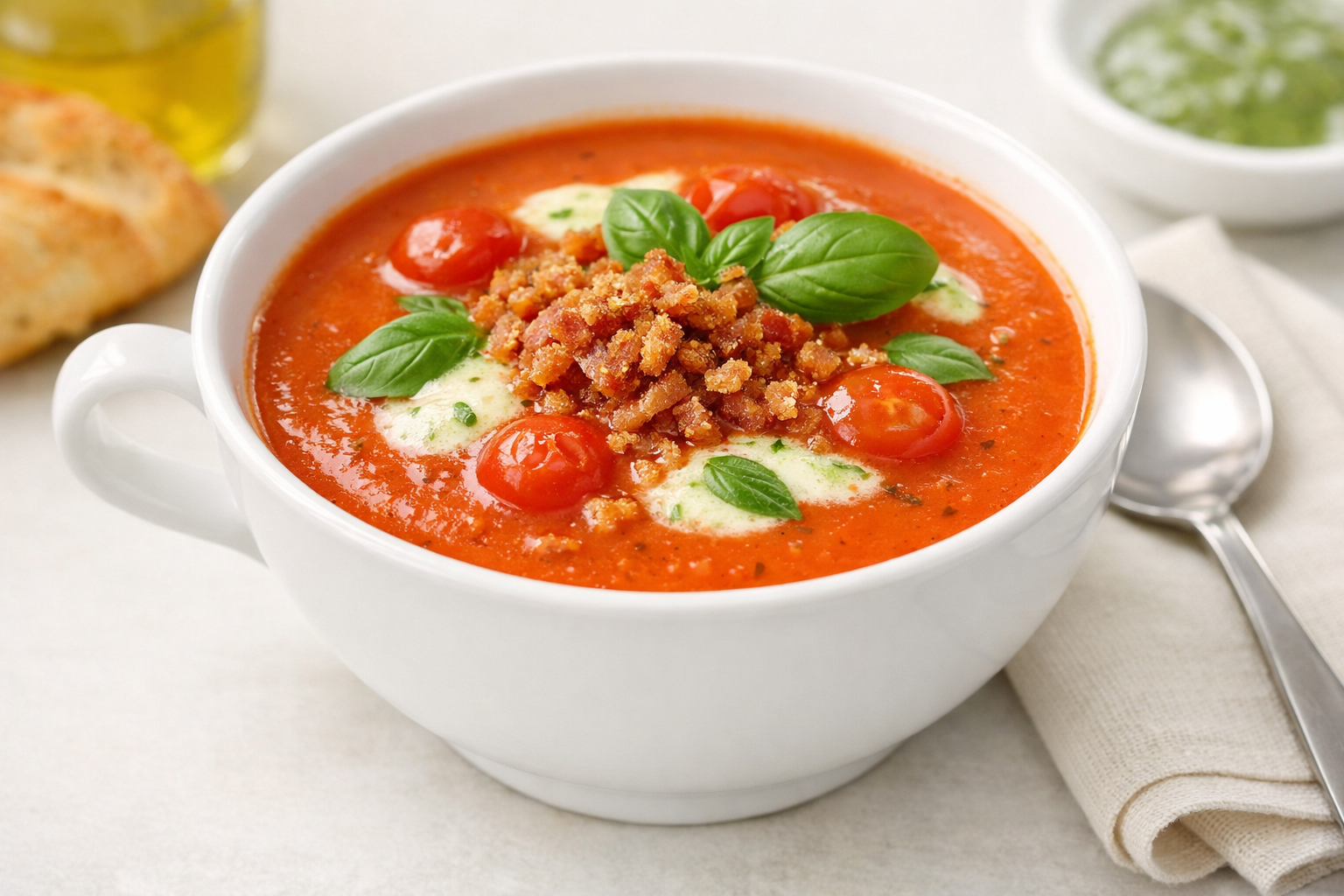 Cremesüppchen von Kirschtomaten mit Basilikummilch und Serranocrunch