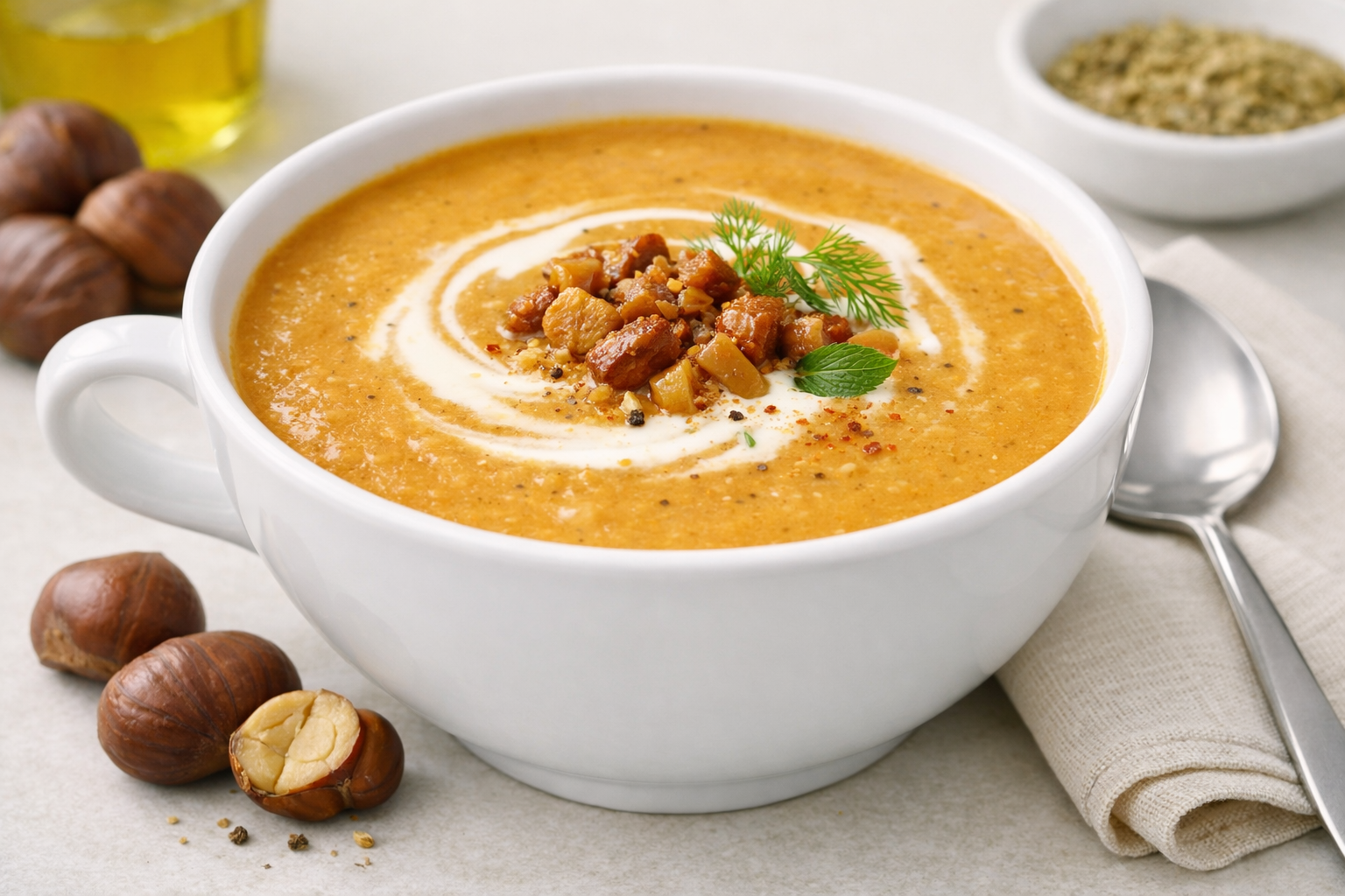 Italienische Maroni-Rahm-Suppe an Fenchel & festlichem Gewürzen