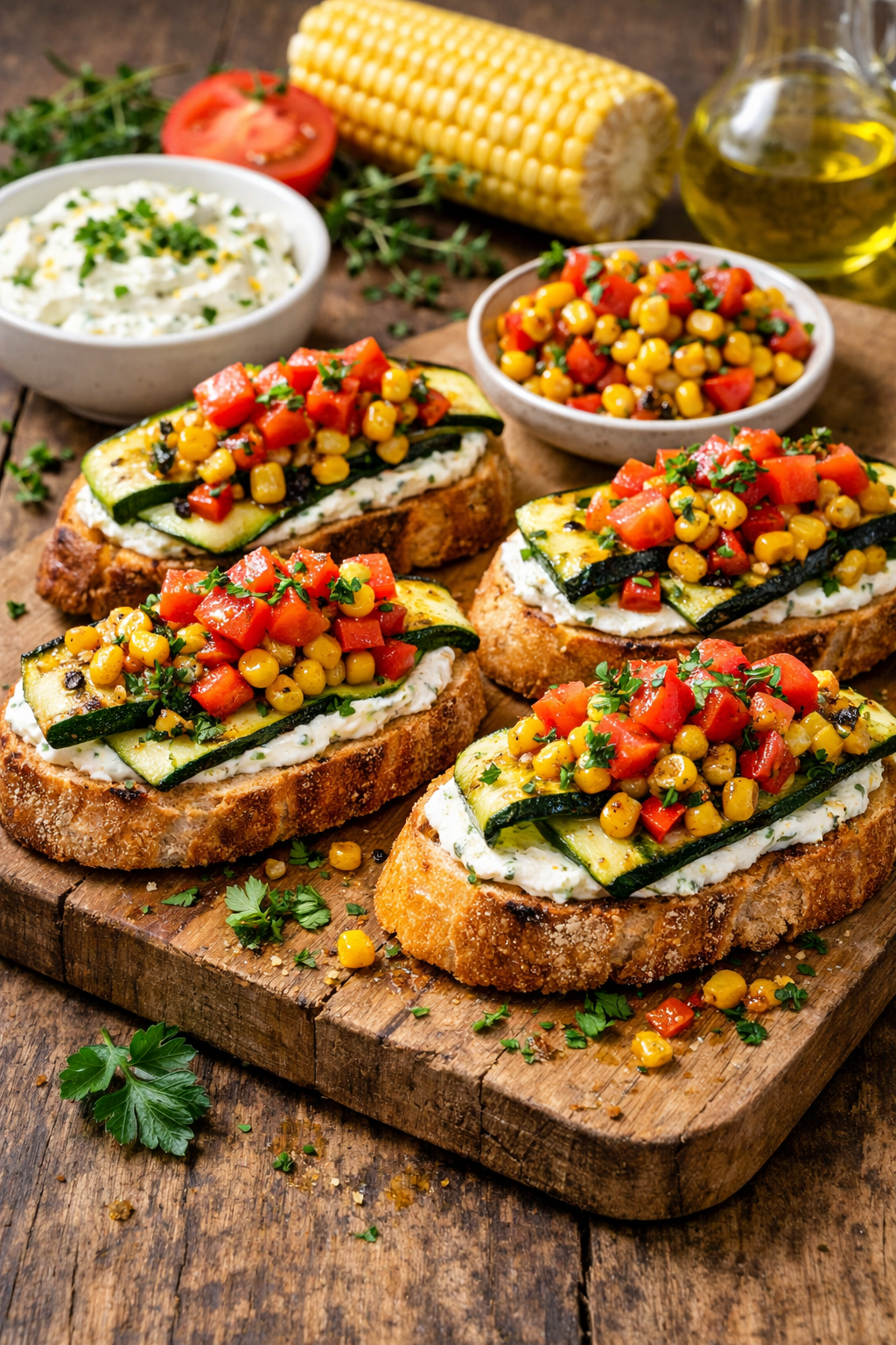Zucchini-Mais-Bruschetta mit Kräuterquark