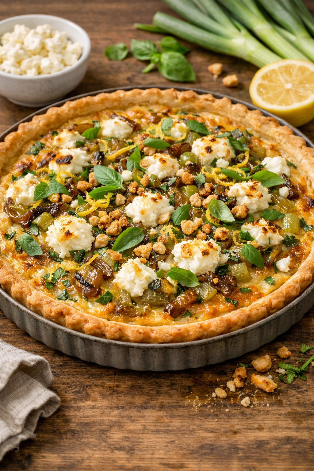 Frühlingszwiebel-Tarte mit Ziegenkäse und Basilikum