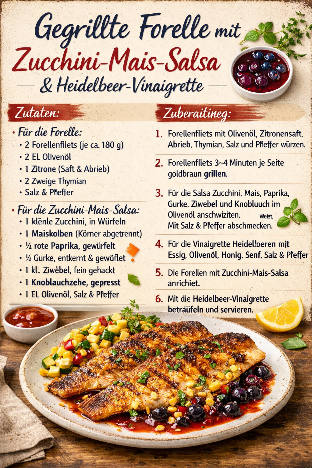 Gegrillte Forelle mit Zucchini-Mais-Salsa und Heidelbeer-Vinaigrette